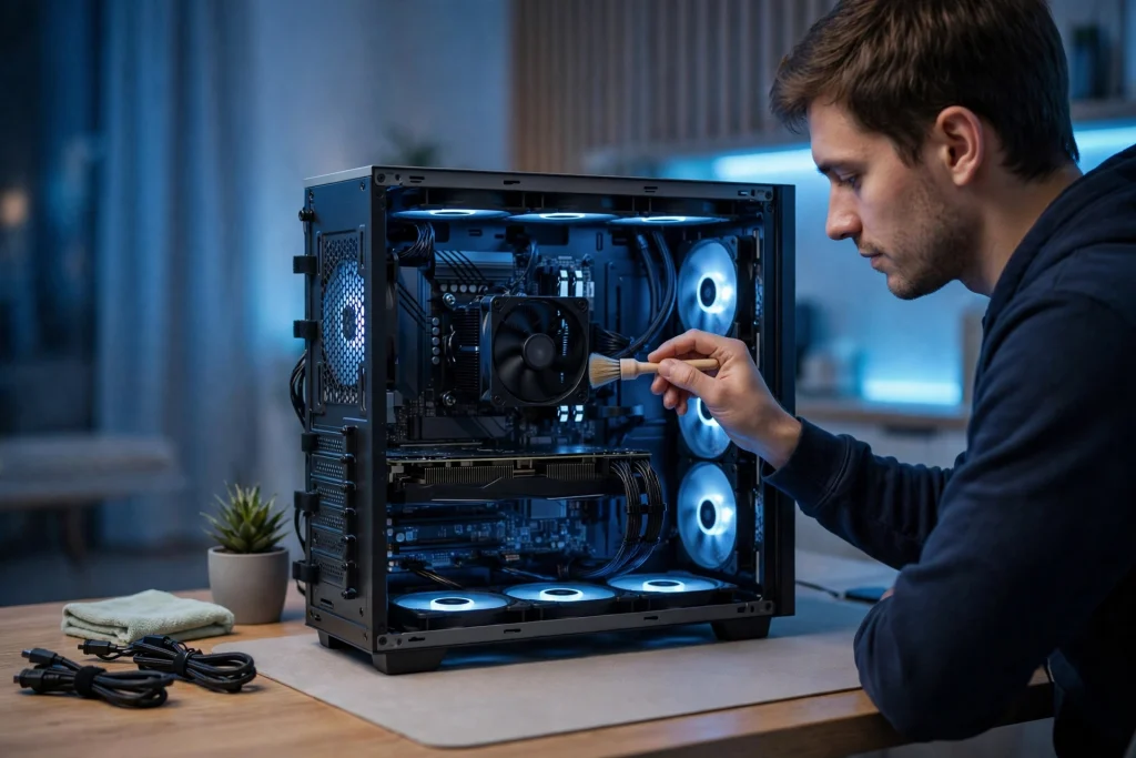Clean well-cooled gaming PC on a tidy desk illustrating the conclusion that careful maintenance helps preserve CPU lifespan