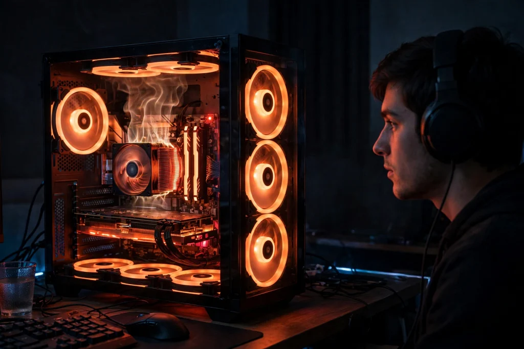 Gaming PC fans spinning fast with heat rising from the cooler showing the direct effects of overclocking on noise and temperature