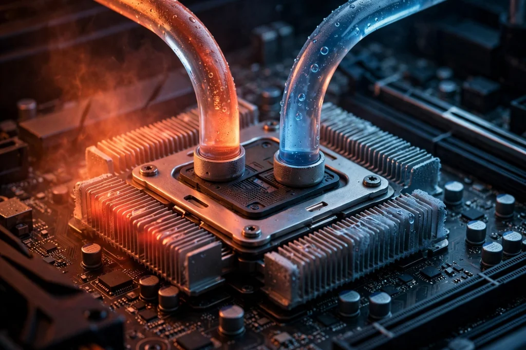 Close-up of a CPU heatsink and liquid cooling system dissipating heat showing the impacts of overclocking on the CPU lifespan
