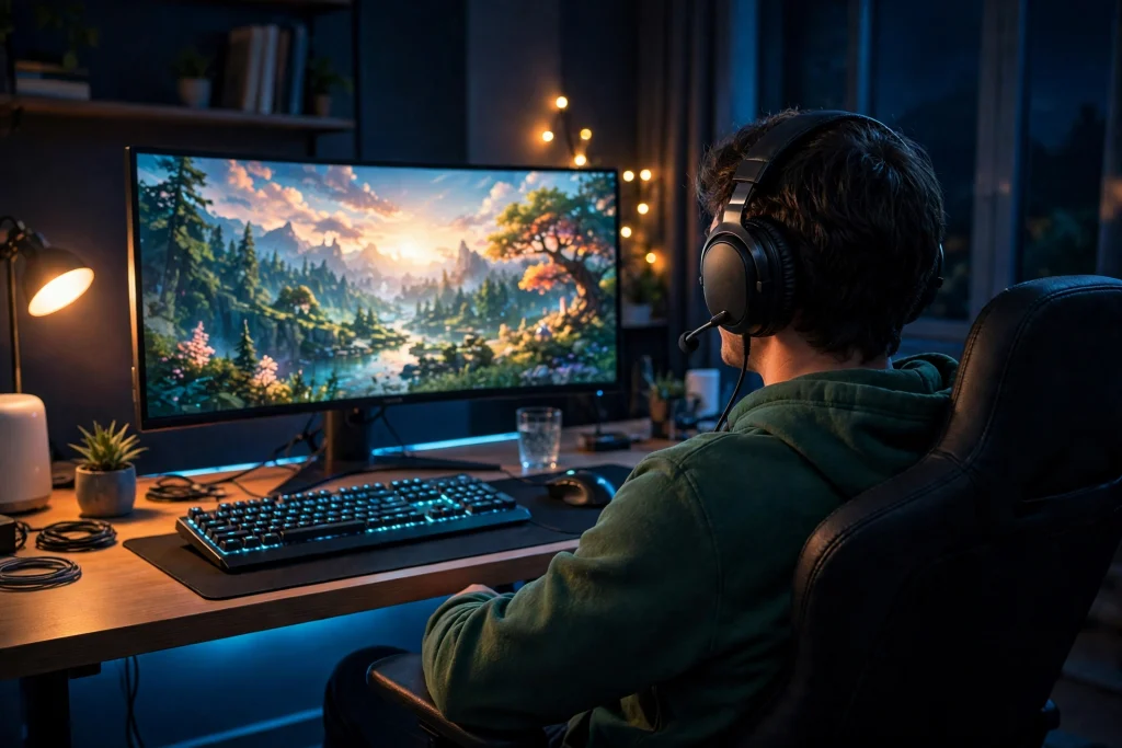 A gamer in a headset relaxing at a finished gaming setup at night, capturing the parting thoughts on completing your gaming station.