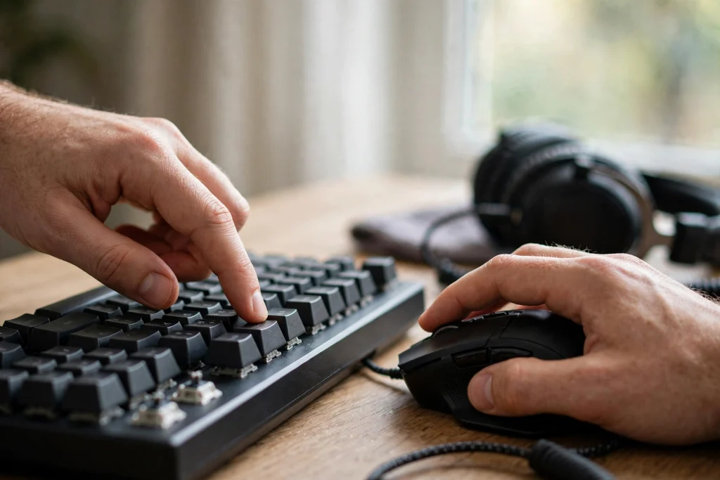 Hands testing a mechanical keyboard and gaming mouse up close while weighing other things to consider such as performance, durability and price.