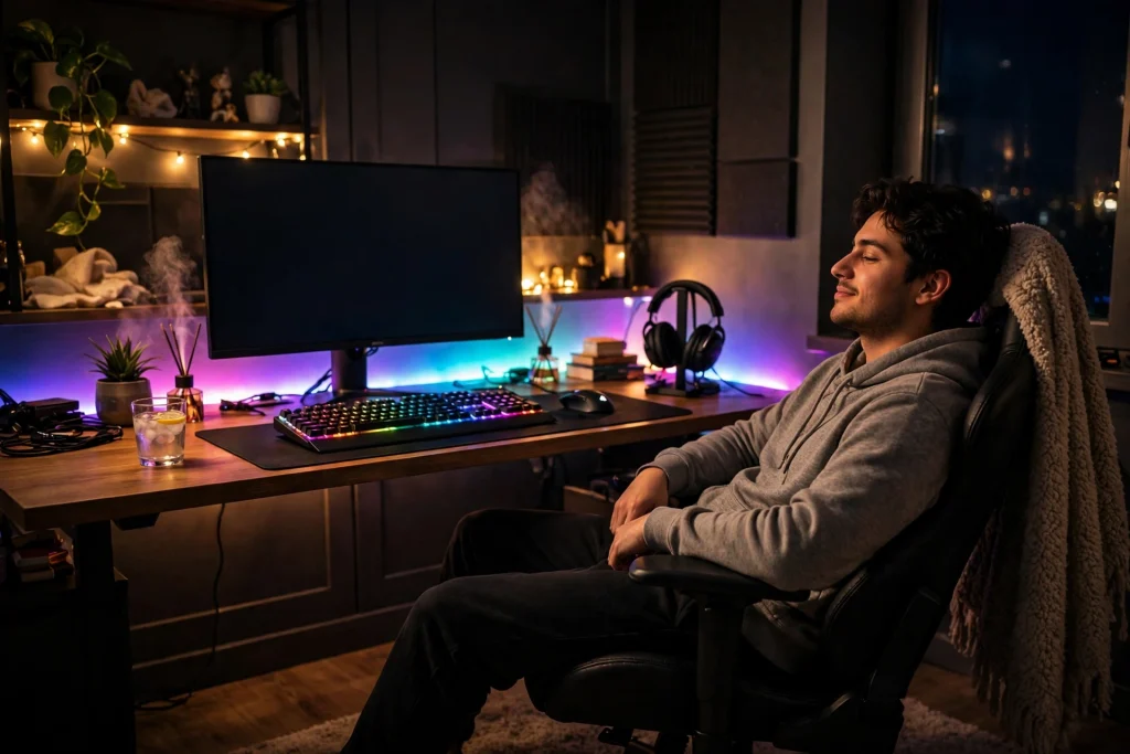 A gamer relaxing at a cozy finished gaming setup with RGB light strips, the perfect conclusion to building an essential gaming devices collection