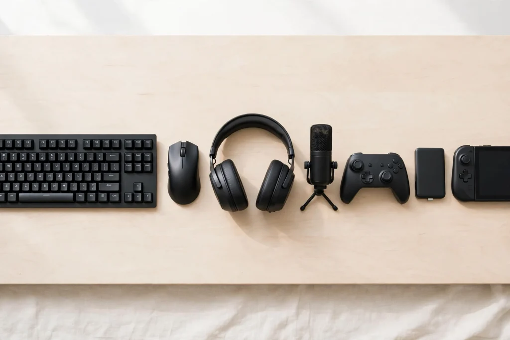 Flat lay of the essential gaming devices list including a keyboard, mouse, headphones, microphone, gamepad and handheld console arranged on a desk