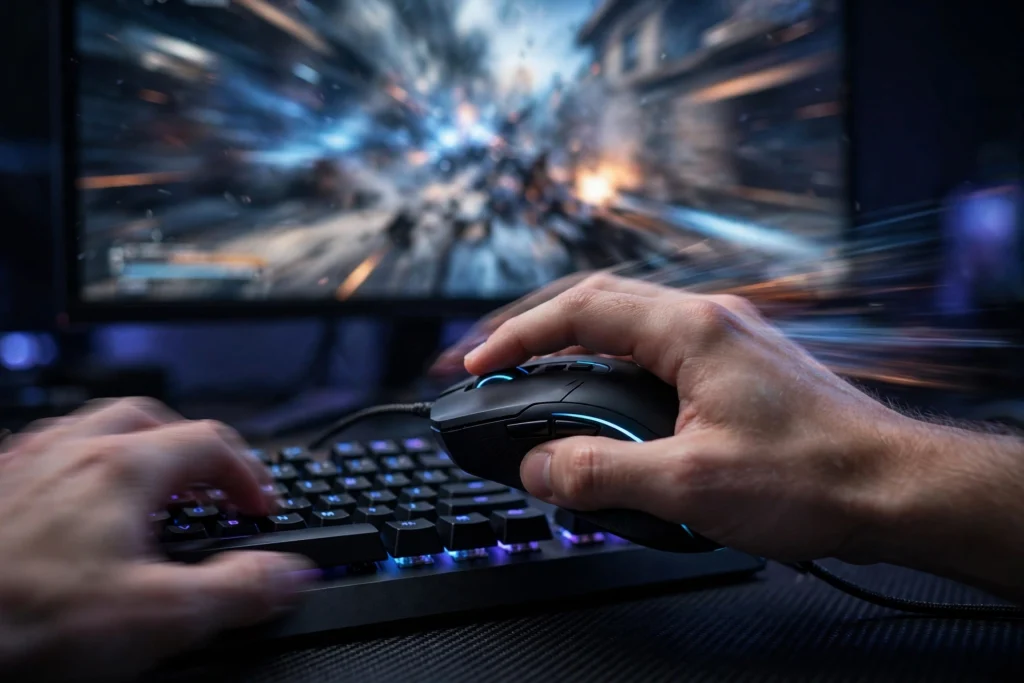 A competitive gamer reacting fast with mouse and keyboard while weighing whether it is best to enable GPU scaling for low input lag
