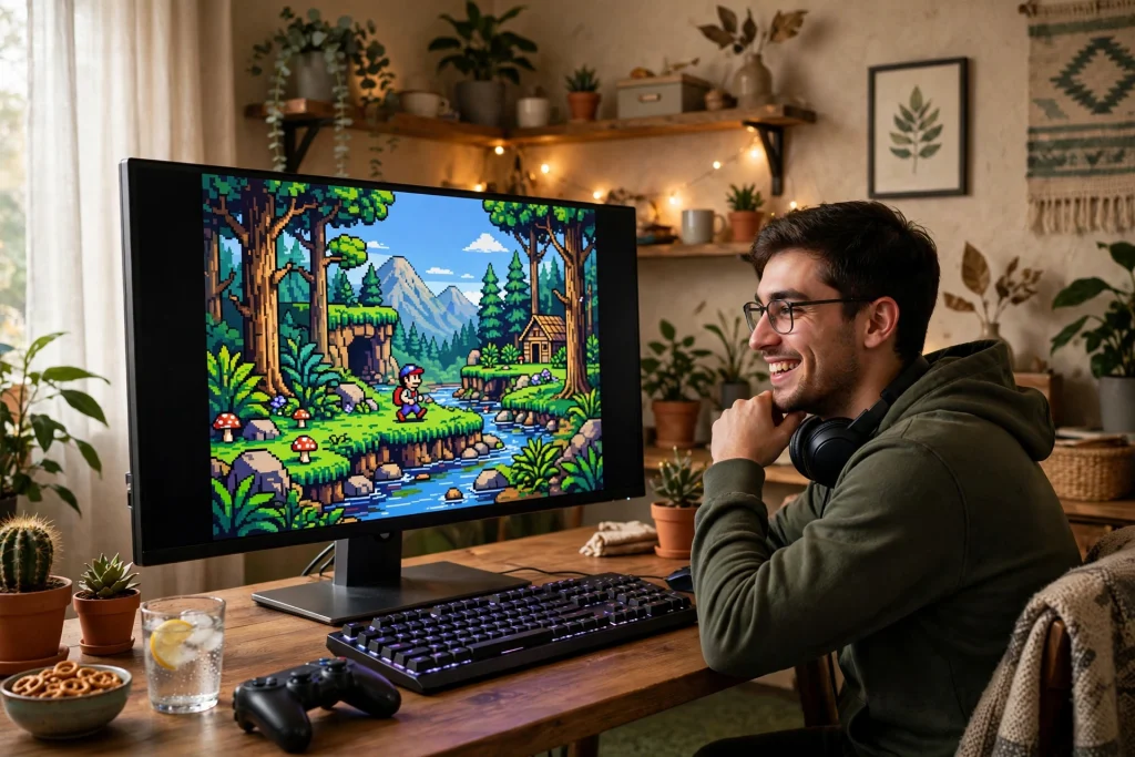 A gamer enjoying a crisp retro indie game on a modern widescreen display showing GPU scaling is good for gaming