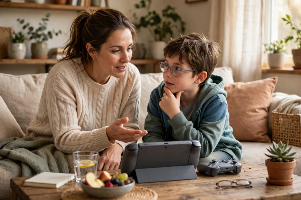 A parent and child discussing a console game together, reflecting frequently asked questions about gaming and kids health.