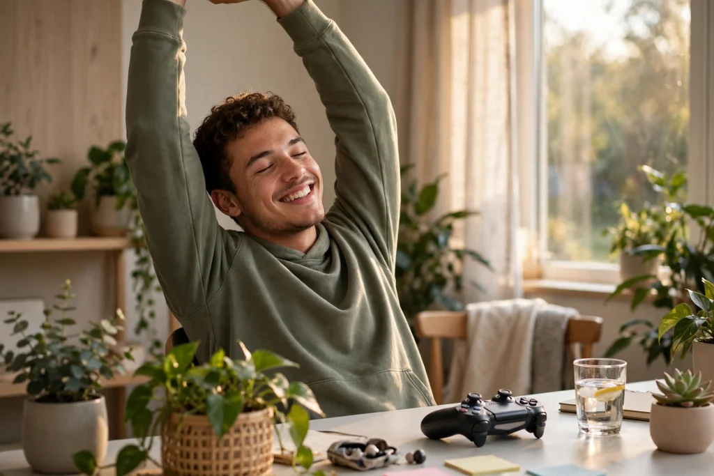 A relaxed gamer stretching in sunlight after playing, summing up the conclusion that gaming can relieve stress and support a balanced healthy lifestyle.