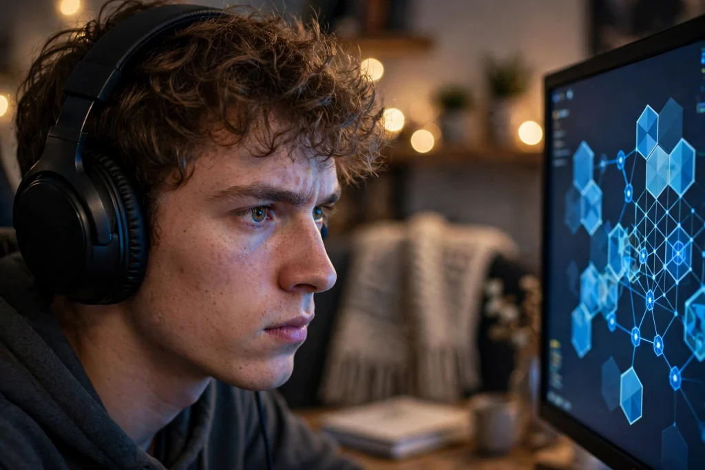 A focused gamer wearing headphones playing a puzzle strategy game, illustrating the health benefits of gaming for concentration and decision making.