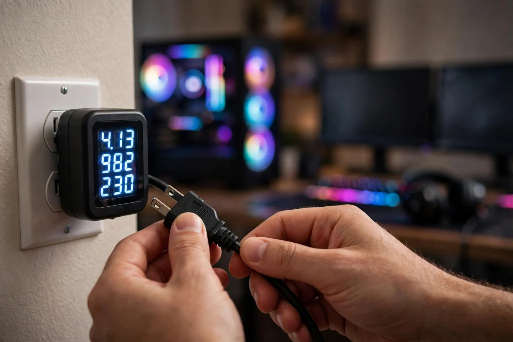 A person measuring how many amperes a gaming computer uses by plugging its power cable into a watt meter beside a glowing gaming PC.