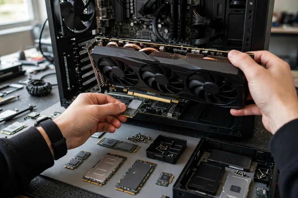 A builder installing a solid state drive and graphics card inside an open case illustrating the key cost factors for building a gaming PC