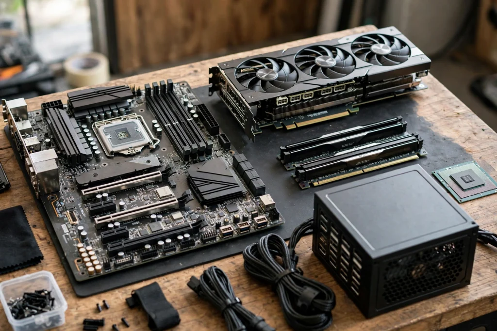 A graphics card, processor, motherboard and other parts laid out on a workbench showing the average cost to build a gaming PC