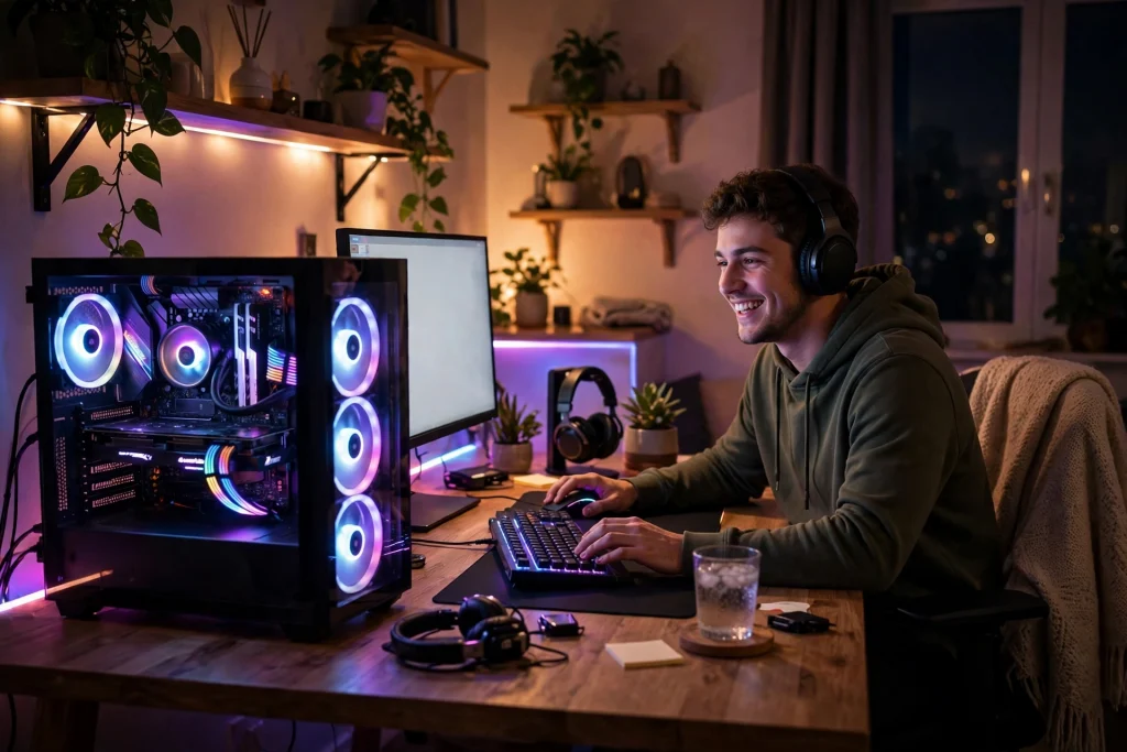 A gamer enjoying a finished self-built gaming PC setup at night, a satisfying conclusion to building your own gaming PC