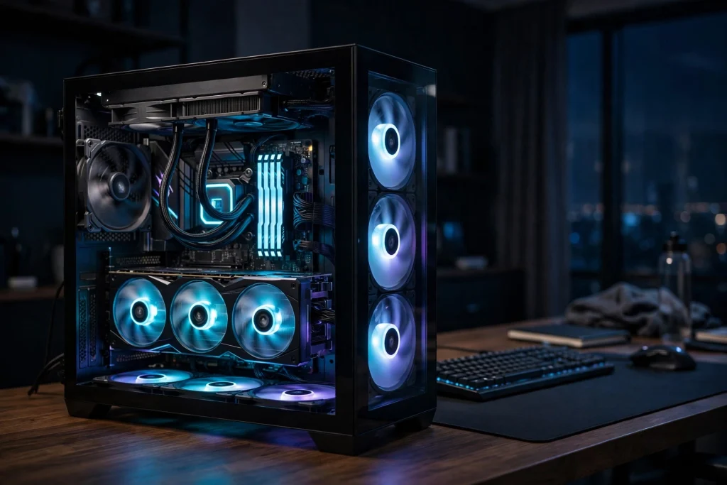 A completed gaming PC with its cooler installed and glowing, the bottom line of a proper thermal paste application