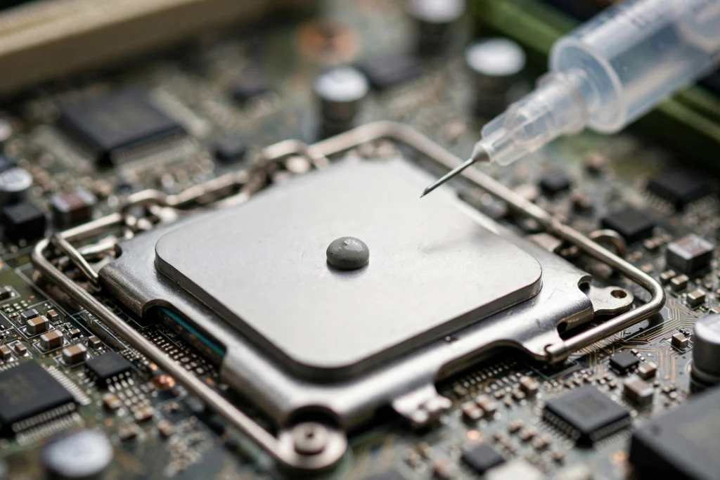 A pea-sized dot of thermal paste centered on a CPU heat spreader, demonstrating how to apply thermal paste the right way