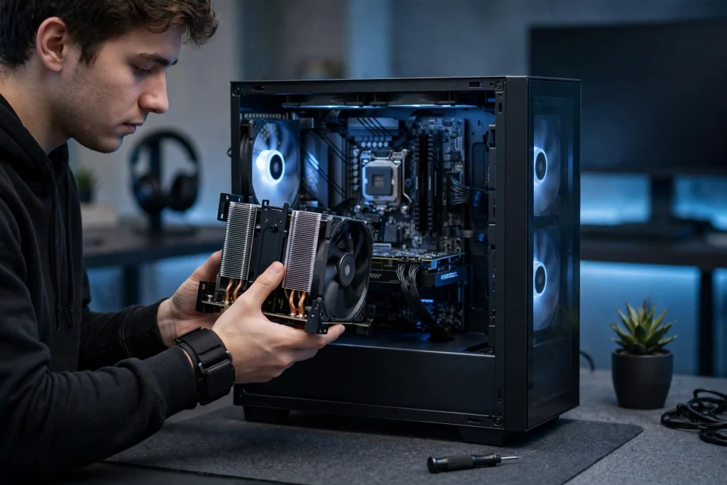 A builder preparing to mount a CPU cooler over a processor, showing exactly when it is necessary to use thermal paste during a PC build