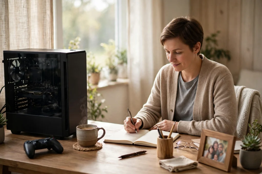 A gamer planning their day at a tidy desk with a controller nearby, showing how to balance gaming and life with work and family priorities.