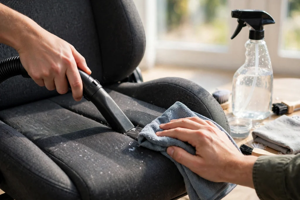 Hands wiping down a gaming chair with a damp cloth while a vacuum nozzle cleans the seat crevices, showing how to clean a gaming chair step by step