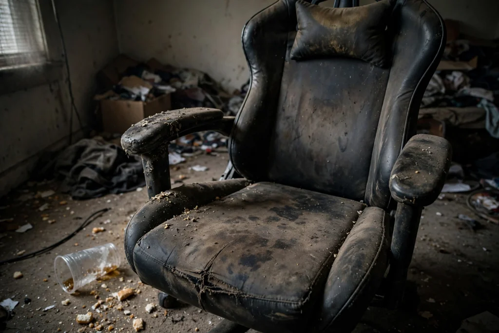A dirty faded gaming chair covered in dust, grime and stains showing what happens if you do not clean your chair
