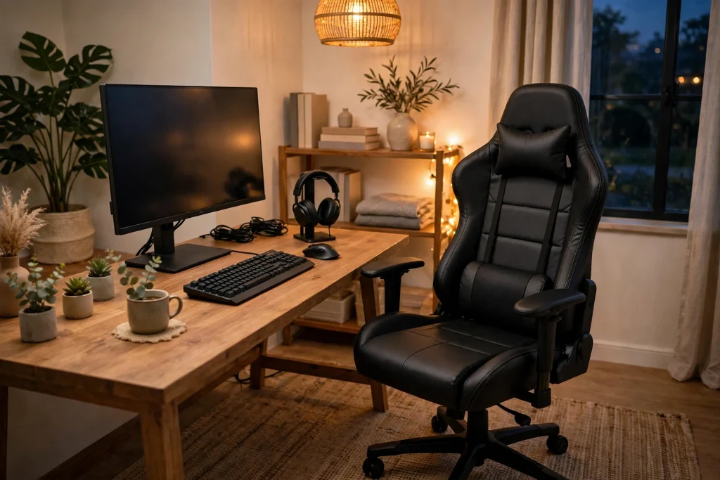 A pristine well-maintained gaming chair at a tidy gaming setup, the conclusion of cleaning and caring for your chair regularly