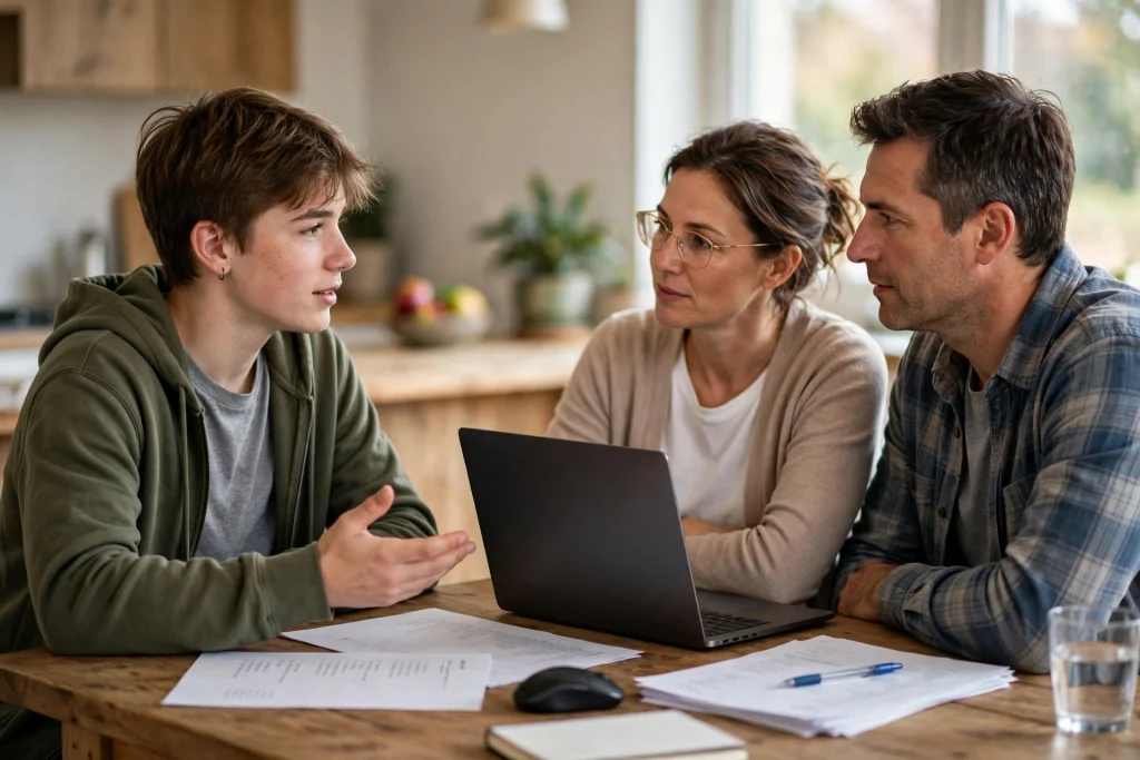 A teenager calmly talking with parents at a kitchen table follows step-by-step directions to presenting a case for a gaming computer respectfully.