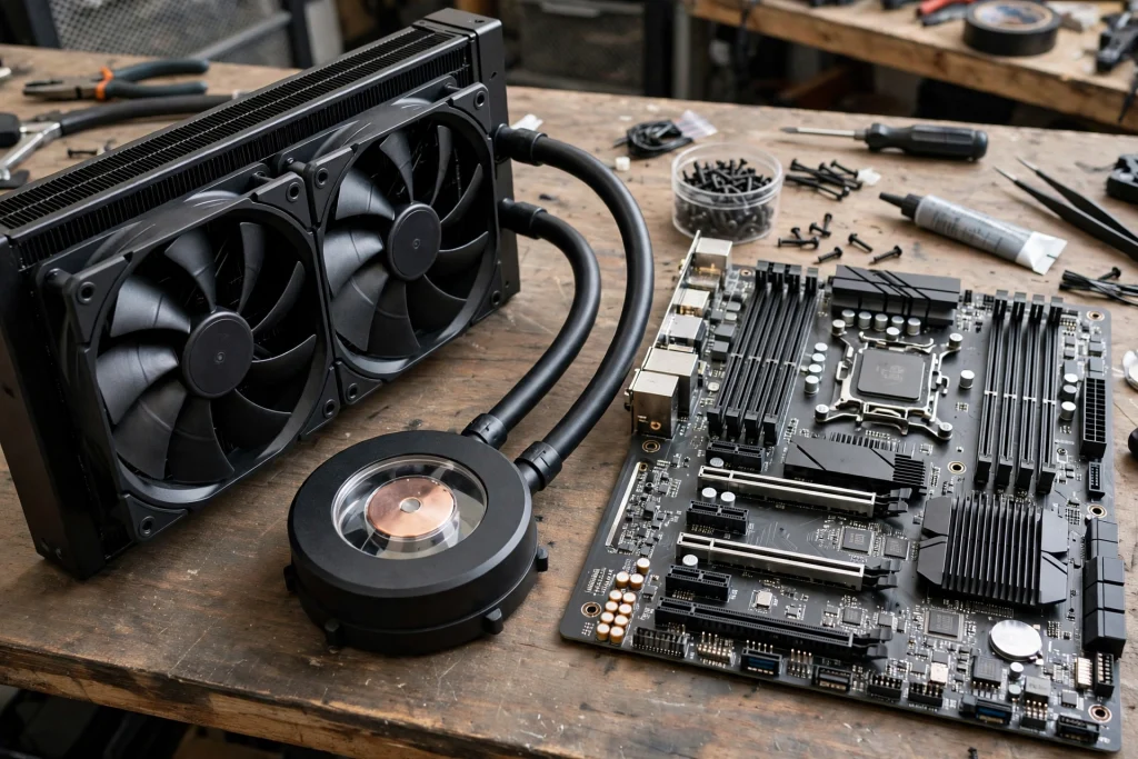 A liquid CPU cooler or AIO laid out on a workbench showing its radiator, fans, tubes and pump block beside a motherboard.
