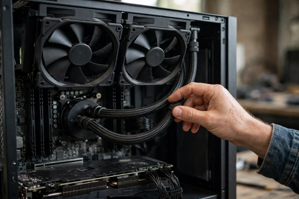 A well-maintained gaming PC illustrating the lifespan of a liquid cooler or AIO with clean tubing and radiator fans still running.