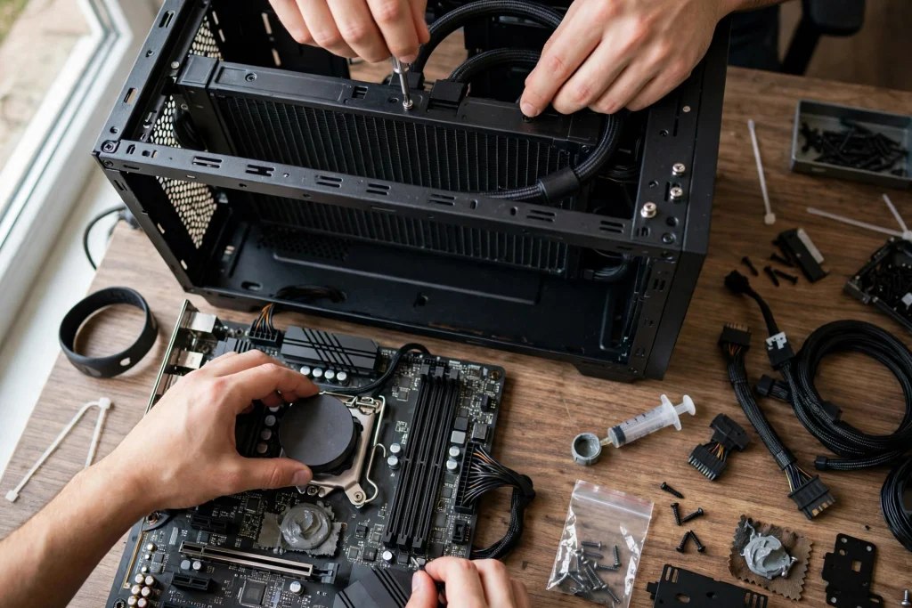 Hands showing how to install a liquid cooler or AIO by mounting its radiator in an open gaming PC case and fitting the pump block.