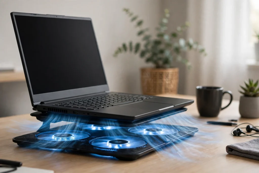 A gaming laptop elevated on a glowing cooling pad shows how to prevent a gaming laptop from overheating with better airflow underneath.