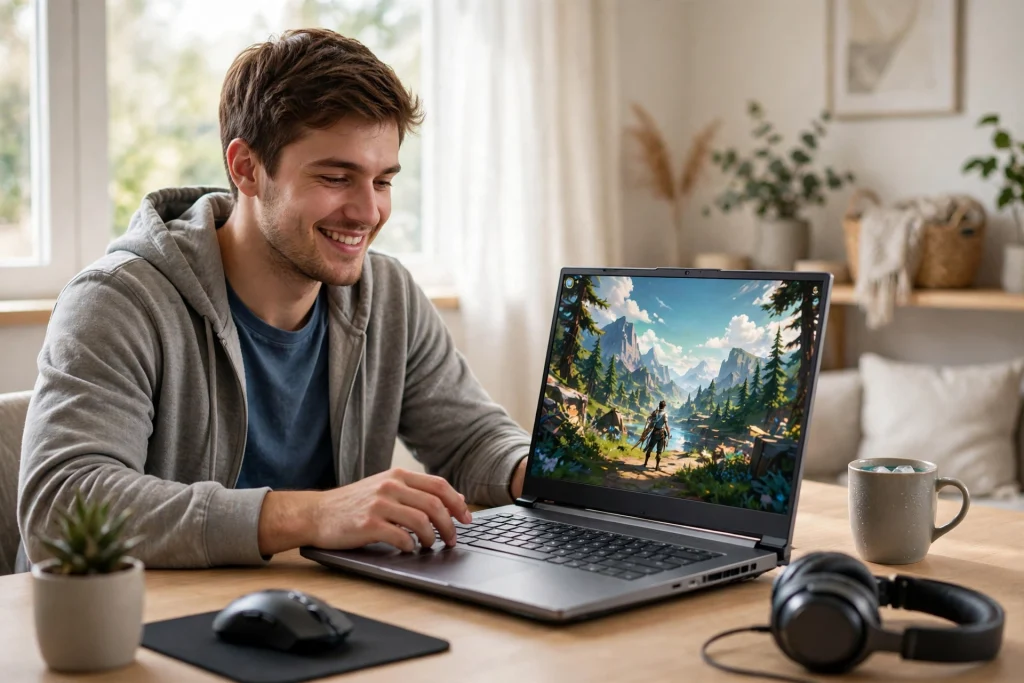 A relaxed gamer enjoying smooth gameplay on a cool-running laptop captures the conclusion that a gaming laptop can stay cool and perform well.