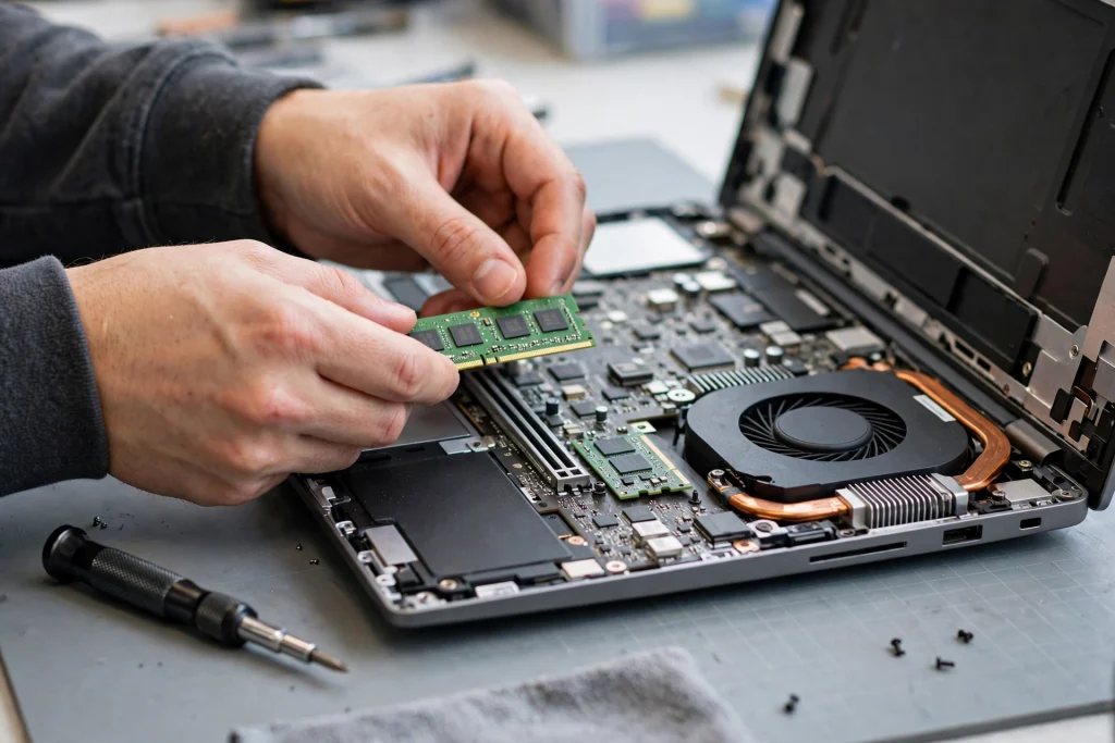 Hands installing a new RAM stick and SSD inside an opened laptop, showing how to turn a normal laptop into a gaming laptop.