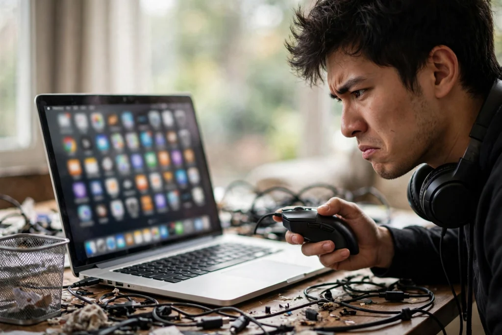 A frustrated gamer at a cluttered Mac desk illustrating the problems with general app removal on Mac and leftover files