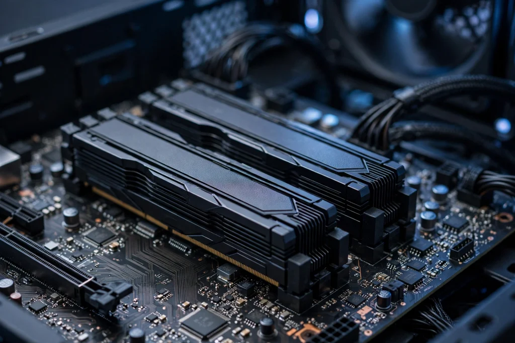 Close-up of RAM modules installed on a gaming motherboard illustrating the role of RAM in gaming performance and smooth 4K gameplay.