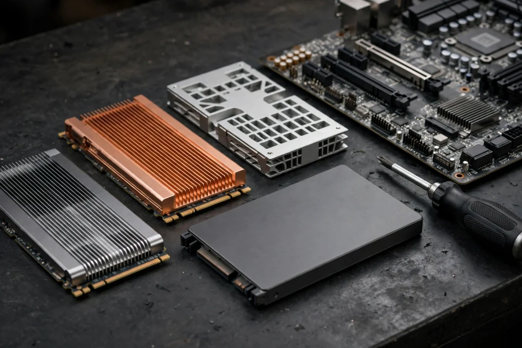 Several M.2 and SATA drives laid out on a workbench showcase the best SSDs for a gaming computer.