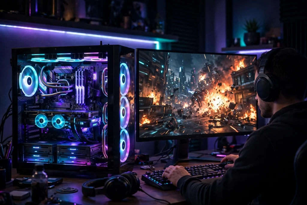 A glowing desktop gaming PC mid-game illustrates whether a 512 GB SSD drive is enough for a gaming PC running heavy titles.