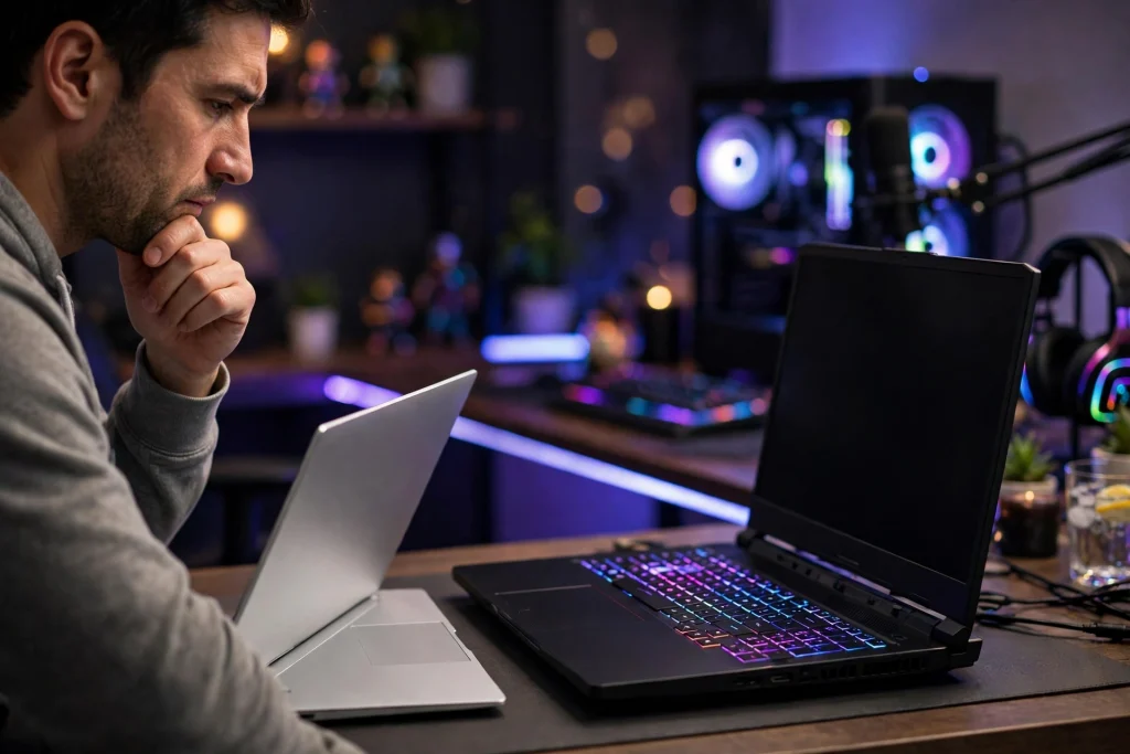 A thin ultrabook beside a powerful gaming laptop on a desk, helping reach a conclusion about choosing the better option for gaming