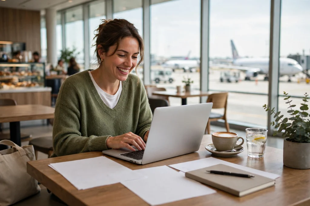 A traveler using a slim lightweight laptop for office work in an airport cafe, showing what the MacBook Air is good for