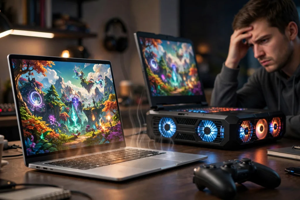 A thin fanless laptop struggling with demanding games beside a powerful gaming laptop, showing the reasons MacBook Air is not a better option for gaming