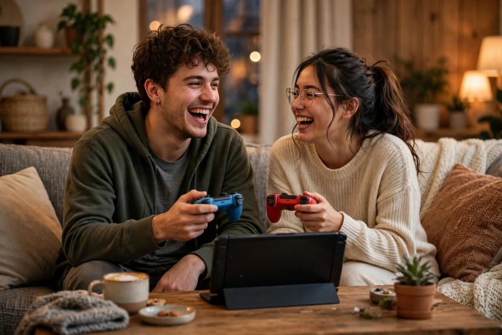 Two friends laughing on a couch while sharing detachable controllers, one of the good reasons the Nintendo Switch is worth it