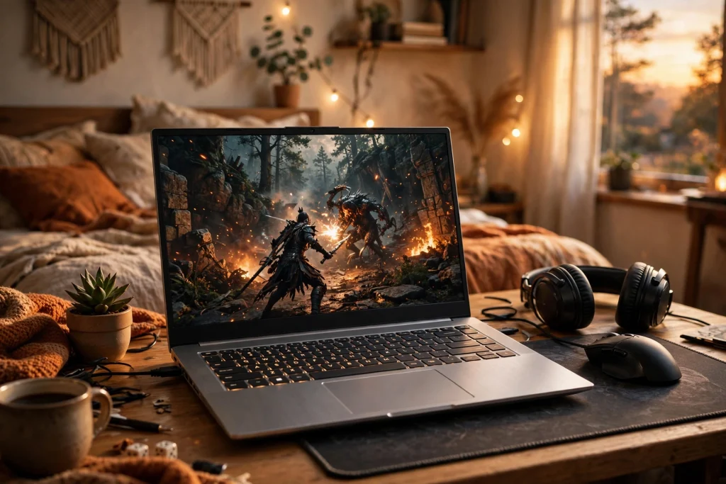 A 15.6 inch Satellite S55 laptop in a cozy bedroom setup running an immersive action game