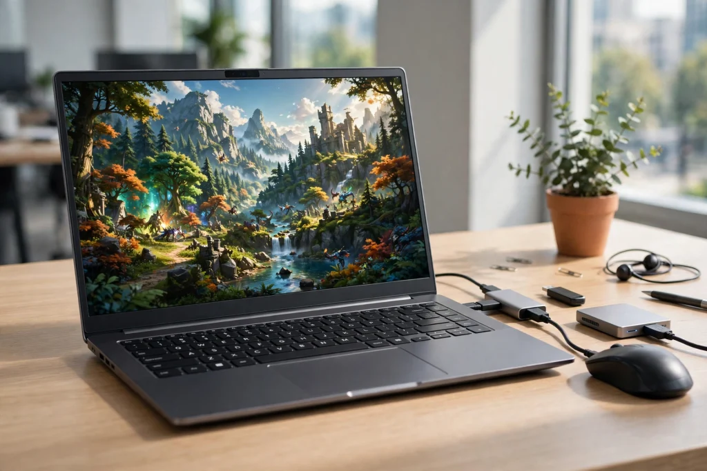 A slim 15.6 inch Tecra A50-E style business laptop on a modern desk ready for gaming and work
