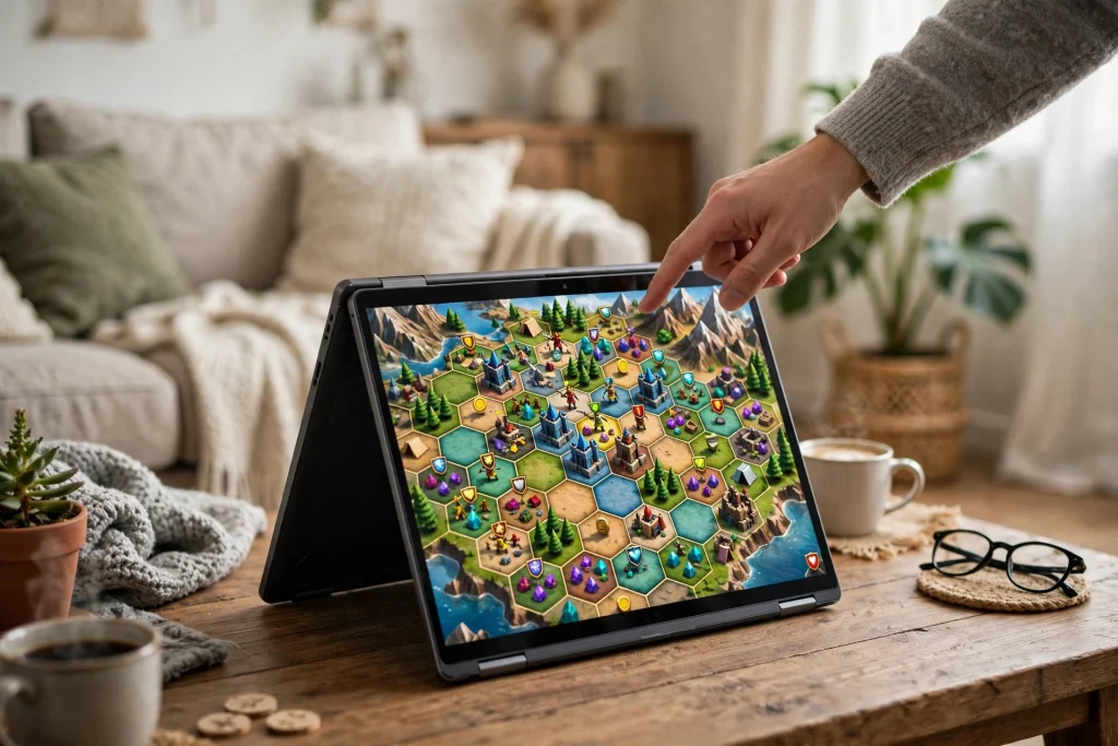 A Toshiba 2-in-1 P55W convertible laptop in tent mode showing a touchscreen game on a coffee table