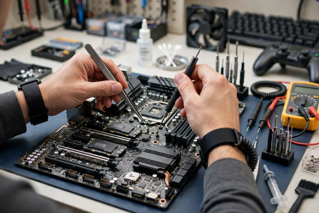 A technician inspecting a removed motherboard on a workbench to decide what to do when the worst happens