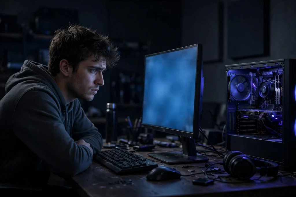 A gamer facing symptoms of failure as a frozen gaming PC glows blue and stops responding on the desk