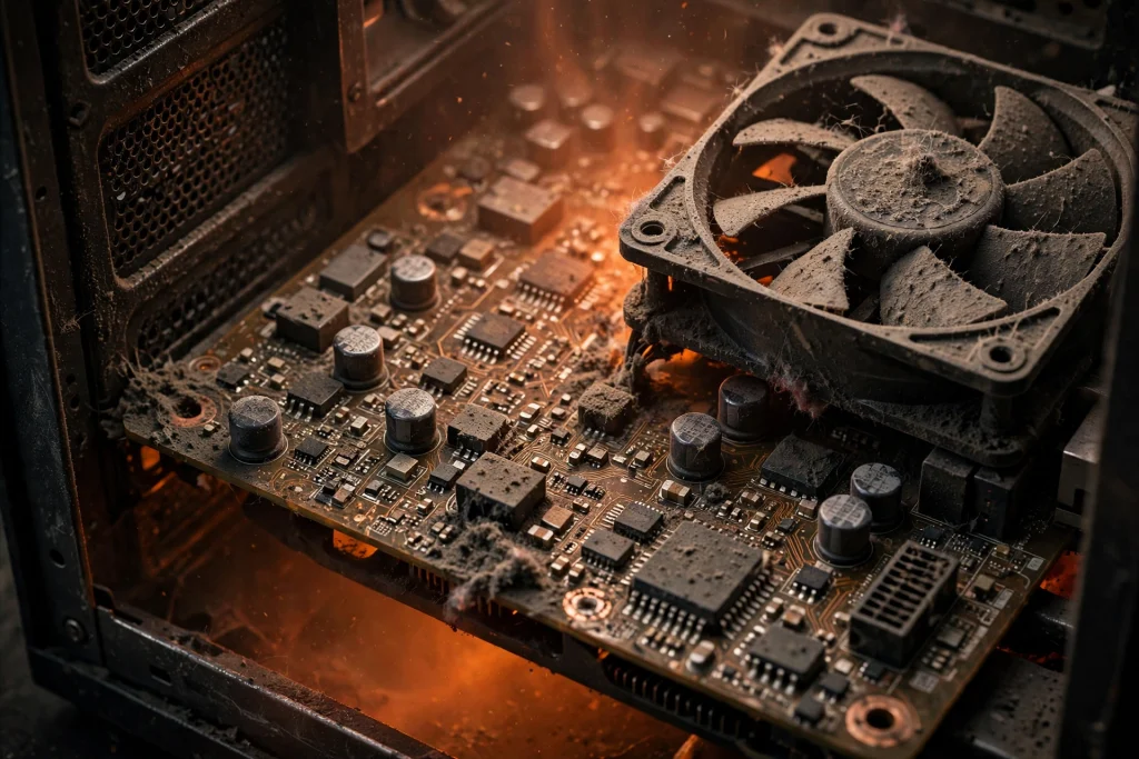 A dusty overheated motherboard showing common causes of a potential failure inside a cramped PC case
