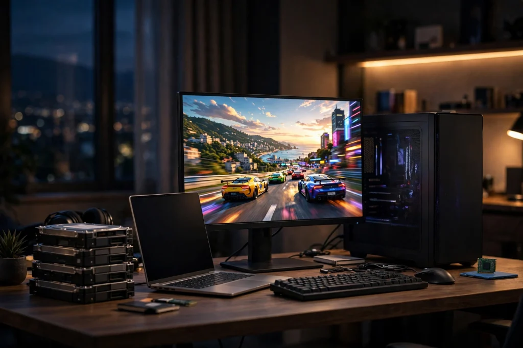 A gaming laptop and desktop PC flanked by a stack of bulky hard drives and one tiny SSD, weighing up the advantages and disadvantages of SSDs and HDDs