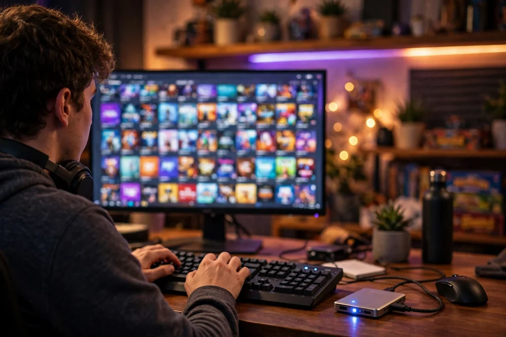 A gamer at a keyboard with an external SSD plugged in and a game library on screen, showing how to move PC games to a different hard drive