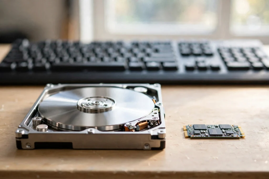 An opened hard drive with its shiny spinning metal platter placed beside a small M.2 chip, showing the difference between HDD and SSD explained side by side