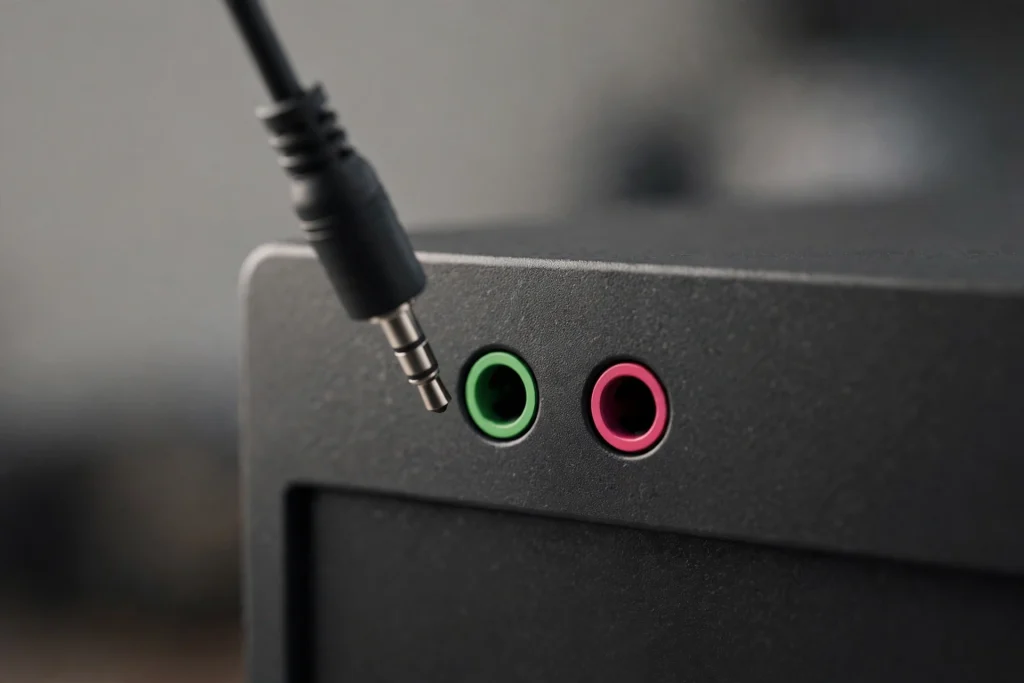 Close-up of a desktop PC front panel with separate green and pink audio ports showing why a single jack headphone cannot drive both input and output at once