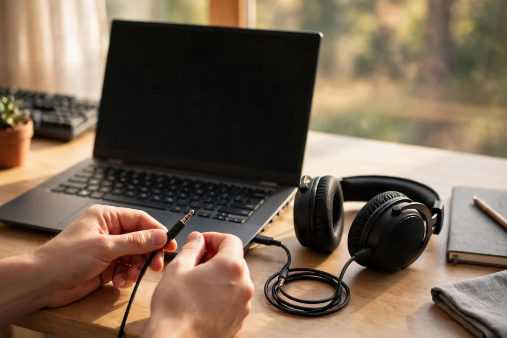 Hands plugging a headset into the side port of a laptop showing how to use a single jack headset on a PC without a splitter