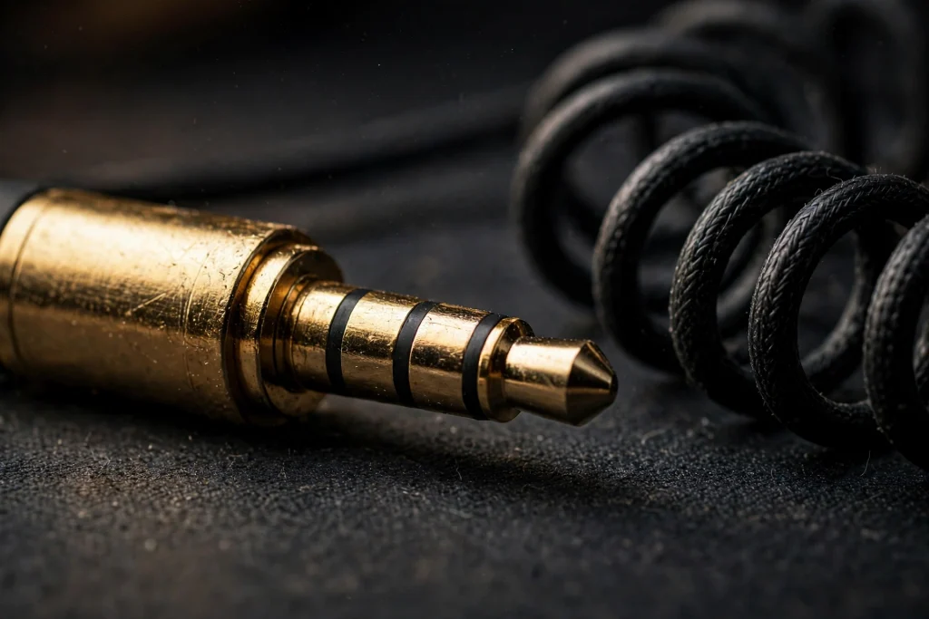 Macro photo of a gold-plated 3.5mm TRS plug with two black insulating rings illustrating why a single jack TRS headset connector is so convenient